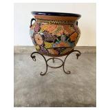 Colorful Ceramic Planter with Iron Stand - Floral Mosaic Motifs