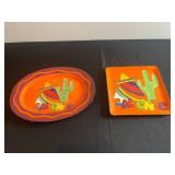 California Souvenir Ceramic Plate Set - 2-Piece Orange Cactus & Rainbow Design