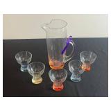 VTG Color-Accented Glass Pitcher with 5 Cordial Glasses Set