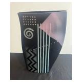 John Bergen Mikasa Intaglio Abstract Studio Art Large Vase Vintage Black with Pink Teal Geometric Pattern