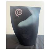John Bergen Mikasa Intaglio Abstract Studio Art Large Vase Vintage Black with Pink Teal Geometric Pattern
