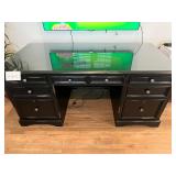 Black Wood Executive Desk with Glass Top, Dual Pedestals, 6 Drawers