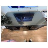 Black Wood Executive Desk with Glass Top, Dual Pedestals, 6 Drawers