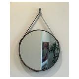 Round Wall Mirror with Brown Leather Strap Hanger