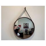 Round Wall Mirror with Brown Leather Strap Hanger