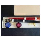 Asian Lacquered Chopstick Set - 2 Pairs (Red & Black) with Glass Coasters in Box