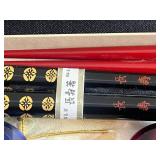 Asian Lacquered Chopstick Set - 2 Pairs (Red & Black) with Glass Coasters in Box