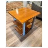 End Table - Wood Top, Blue Steel Legs, 3-Shelf Open Storage, 26H x 25W x 27D in