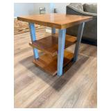 End Table - Wood Top, Blue Steel Legs, 3-Shelf Open Storage, 26H x 25W x 27D in