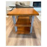 End Table - Wood Top, Blue Steel Legs, 3-Shelf Open Storage, 26H x 25W x 27D in