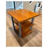 End Table - Wood Top, Blue Steel Legs, 3-Shelf Open Storage, 26H x 25W x 27D in