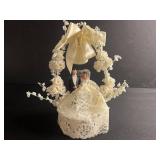 Vintage Bride & Groom Wedding Cake Topper on Lace Arch with Bell