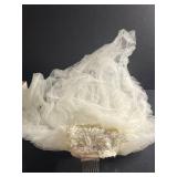VTG Bridal Veil with Lace Pearl Appliqué Band on Comb Tulle (Ivory/White)