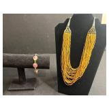 Gold-Tone Fringe Jewelry Set - Necklace & Bracelet with Purple Stones