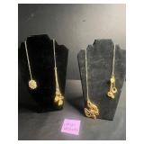 Lariat Necklace Set - 2-Piece Gold-Tone Chains with Floral Pendant & Charm Drops