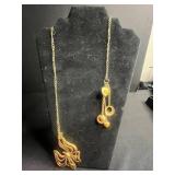 Lariat Necklace Set - 2-Piece Gold-Tone Chains with Floral Pendant & Charm Drops