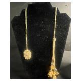 Lariat Necklace Set - 2-Piece Gold-Tone Chains with Floral Pendant & Charm Drops