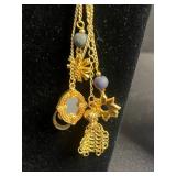 Lariat Necklace Set - 2-Piece Gold-Tone Chains with Floral Pendant & Charm Drops