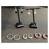 Assorted Gemstone & Crystal Earrings - Red Blue Purple Hoops & Black Stone Drops