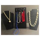 Sarah Coventry Gold Tone Chain Necklace - Crystal Ball Pendant, Pearl & Bead Chains