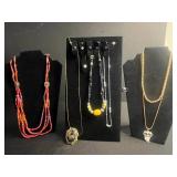 Beaded Necklace Lot - Red Multi-Strand, Owl Pendant, Horse Cameo & Gold Bead Chains