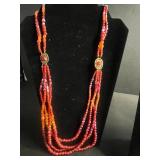 Beaded Necklace Lot - Red Multi-Strand, Owl Pendant, Horse Cameo & Gold Bead Chains