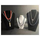 Beaded Necklace Set - Black Multi-Strand, Red Coral Beads, Gold-Tone Tassel Pendants