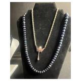 Beaded Necklace Set - Black Multi-Strand, Red Coral Beads, Gold-Tone Tassel Pendants