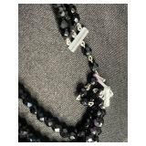 Beaded Necklace Set - Black Multi-Strand, Red Coral Beads, Gold-Tone Tassel Pendants