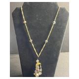 VTG PM & Co Ornate Box & Bead Jewelry Set - Pink & Cream Necklaces with Crystal Tassel Pendant