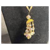 VTG PM & Co Ornate Box & Bead Jewelry Set - Pink & Cream Necklaces with Crystal Tassel Pendant