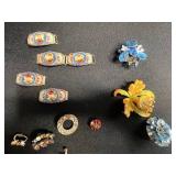 Vintage Costume Jewelry Lot - Brooches, Pins, Bracelets & Rings, Enamel Floral - all missing stones or broken pins