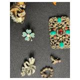 Vintage Costume Jewelry Lot - Brooches, Pins, Bracelets & Rings, Enamel Floral - all missing stones or broken pins