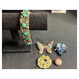 Vintage Jewelry Lot Inc Trifari - Butterfly Brooch - Green Cabochon Bracelet - Blue Leaf Brooch - all missing stones or broken pin