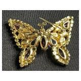 Vintage Jewelry Lot Inc Trifari - Butterfly Brooch - Green Cabochon Bracelet - Blue Leaf Brooch - all missing stones or broken pin