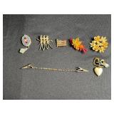 Vintage Gold-Tone Jewelry Lot: Enamel Heart Locket, Beaded Bracelet & Leaf Pins