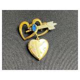 Vintage Gold-Tone Jewelry Lot: Enamel Heart Locket, Beaded Bracelet & Leaf Pins