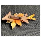 Vintage Gold-Tone Jewelry Lot: Enamel Heart Locket, Beaded Bracelet & Leaf Pins