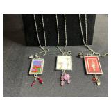 Framed Art glass Pendant Necklaces (Lot of 3) - Assorted Printed Cards