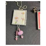 Framed Art glass Pendant Necklaces (Lot of 3) - Assorted Printed Cards