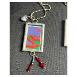 Framed Art glass Pendant Necklaces (Lot of 3) - Assorted Printed Cards