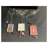 Framed Art glass Pendant Necklaces (Lot of 3) - Assorted Printed Cards
