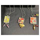 Framed Floral Art glass Pendant Necklaces (Lot of 3)