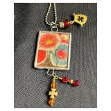 Framed Floral Art glass Pendant Necklaces (Lot of 3)