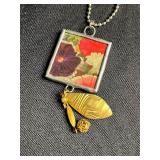 Framed Floral Art glass Pendant Necklaces (Lot of 3)