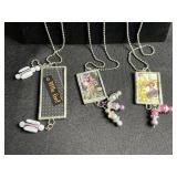 Flower Fairy Pendant Necklace Set - Framed Art Glass Charms, 3-Piece Vintage Jewelry