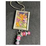 Flower Fairy Pendant Necklace Set - Framed Art Glass Charms, 3-Piece Vintage Jewelry