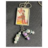 Flower Fairy Pendant Necklace Set - Framed Art Glass Charms, 3-Piece Vintage Jewelry