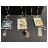 Assorted Art Glass Tile Pendant Necklaces (Lot of 3) Vintage Print Charms on Bead Chains