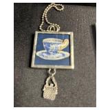 Assorted Art Glass Tile Pendant Necklaces (Lot of 3) Vintage Print Charms on Bead Chains